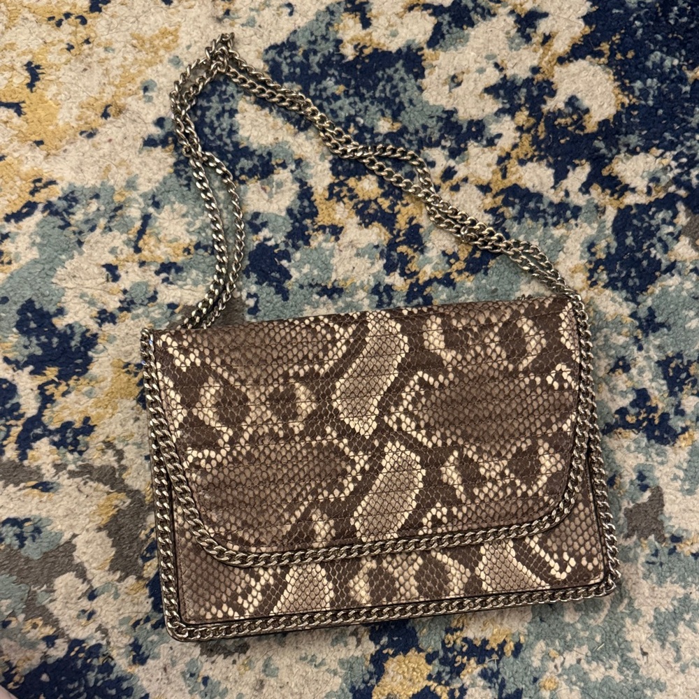 Express Snake-Print Crossbody Bag - Brown & Cream with Silver Chain